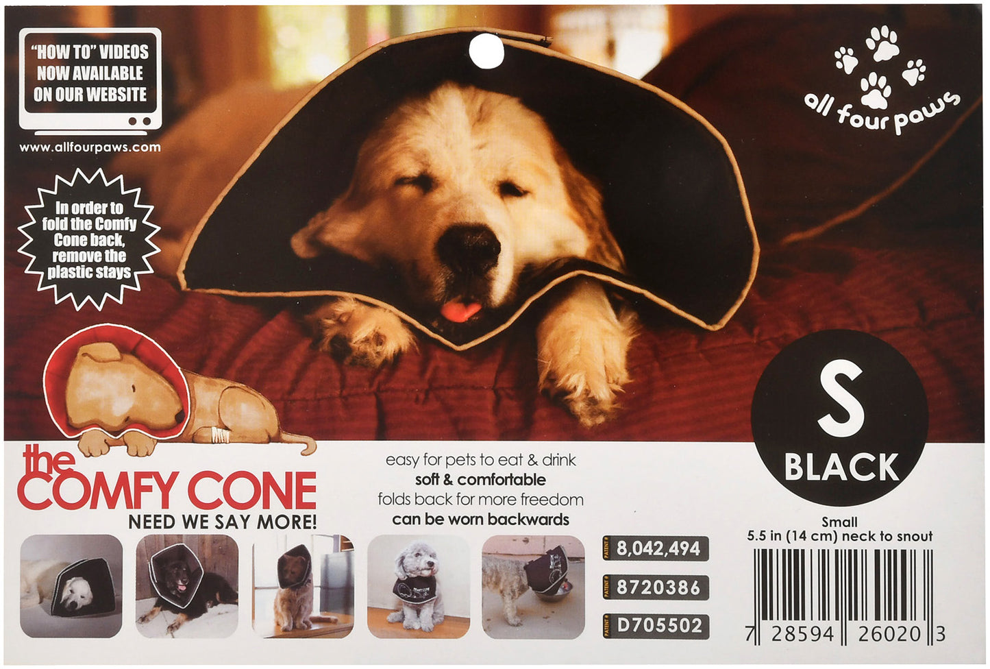 The Original Comfy Cone by All Four Paws, Soft Pet Recovery Collar with Removable Stays, Small, Black