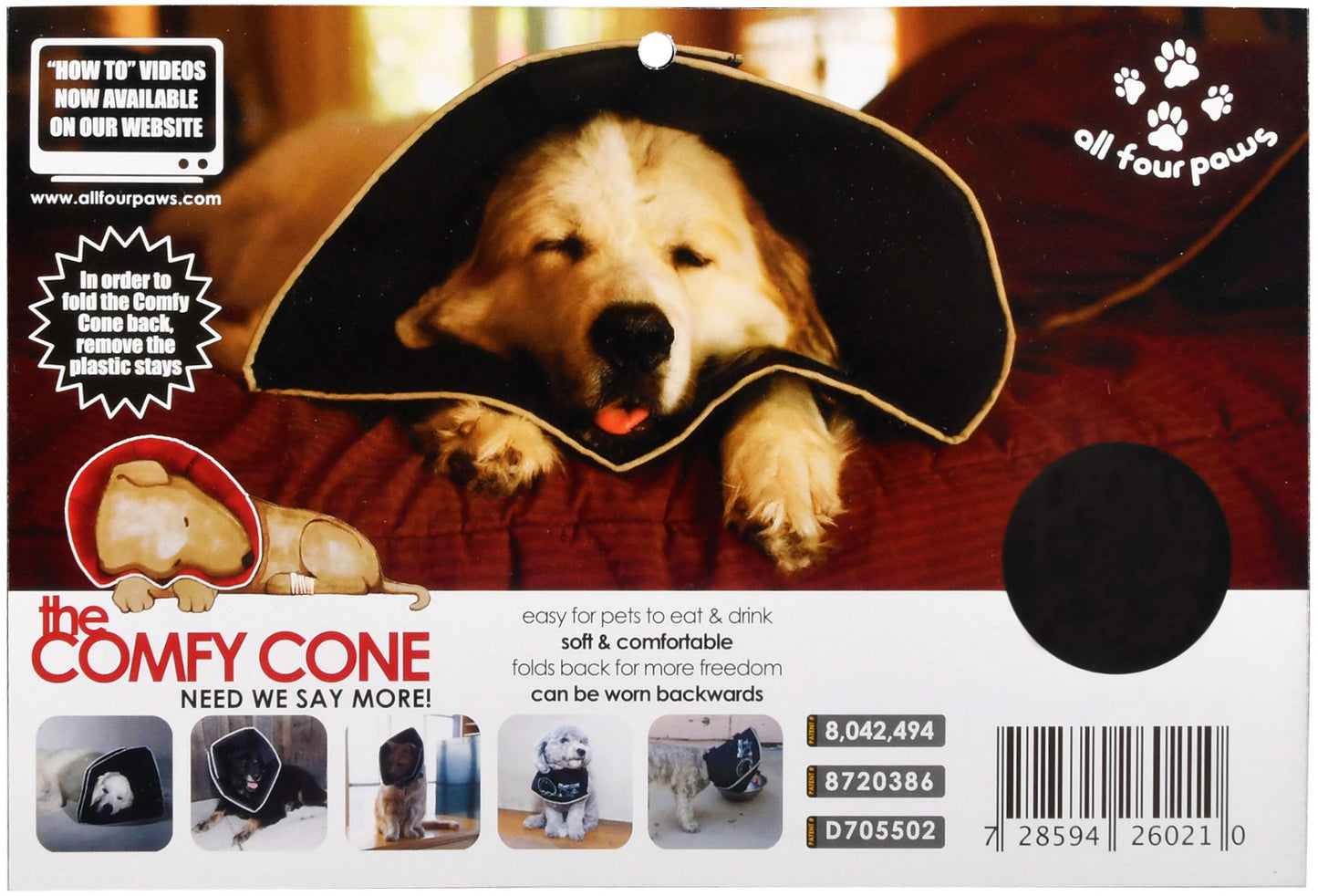 The Original Comfy Cone by All Four Paws, Soft Recovery Collar with Removable Stays, Medium, Black