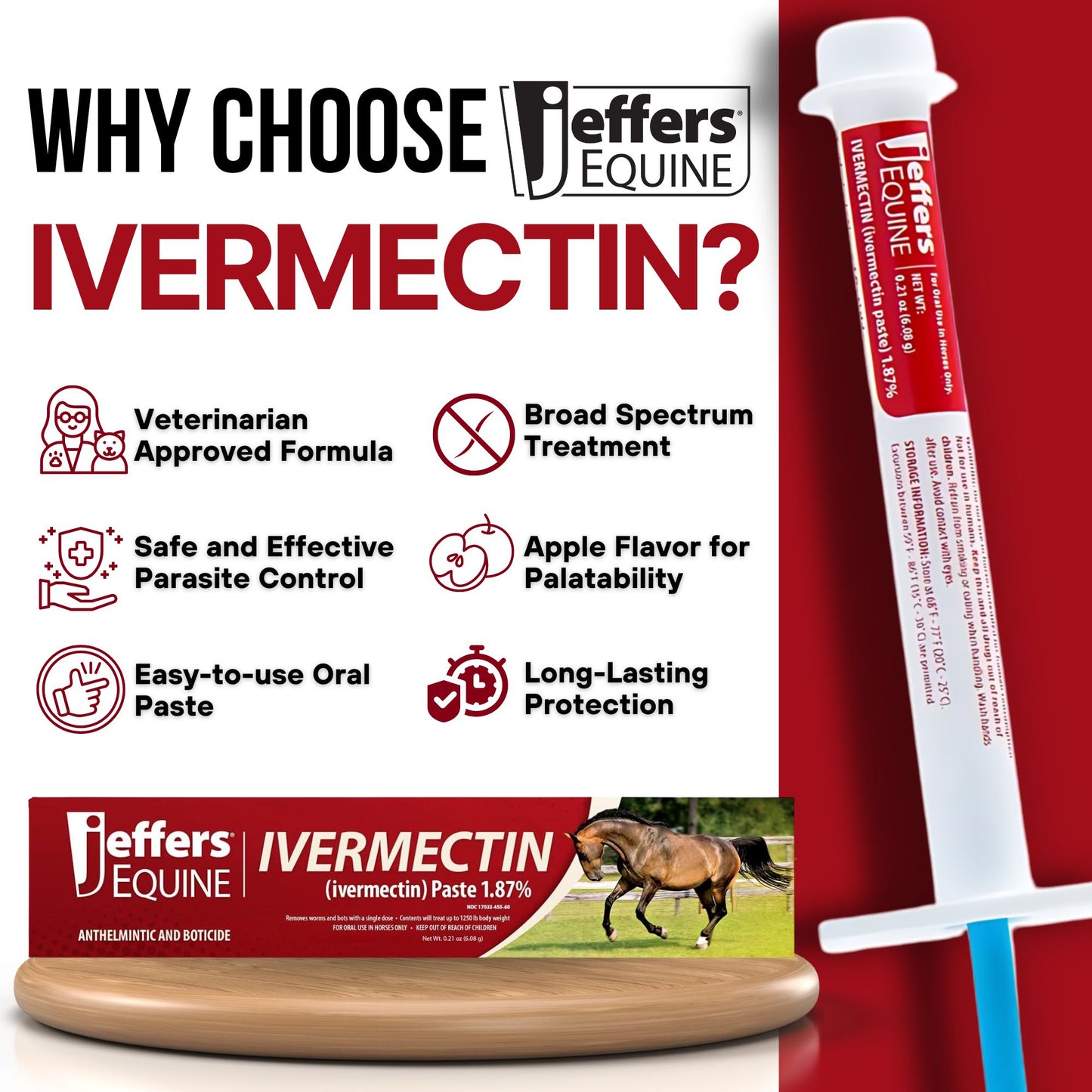 Jeffers Ivermectin Gel Dewormer for Horses - Apple Flavored, Broad Spectrum Dewormer Paste - Effective Parasite Control for Worms, Pinworms, Bots & More - Safe for All Equine - 3 Pack