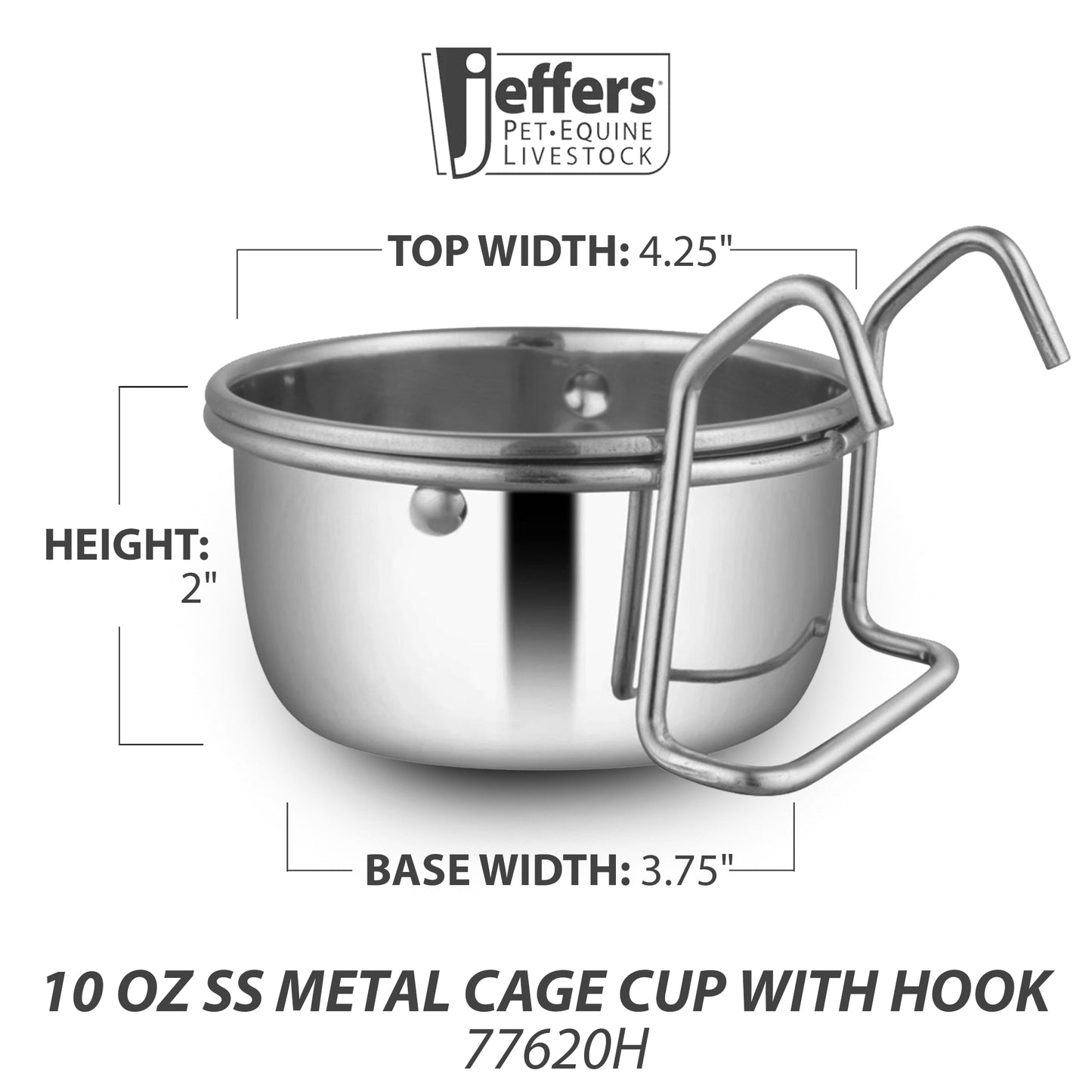 Jeffers Stainless Steel Rust-Resistant Metal Cage Cup with Hook 10 oz | Secure Hangers for Small Animals, Birds, Rabbits, Ferrets | Easy to Clean, Durable Pet Bowl for Food & Water