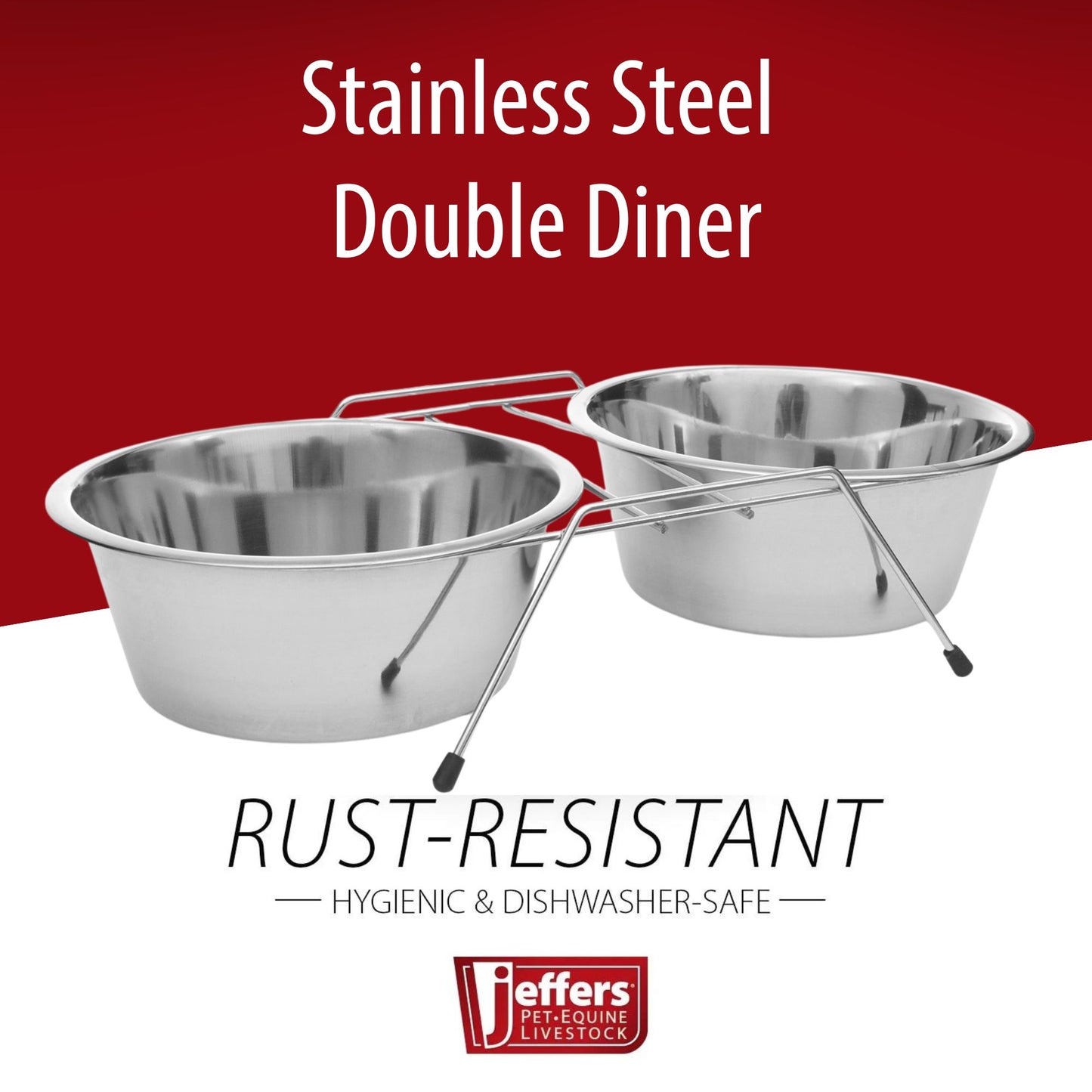 Jeffers Stainless - Steel Low Double Diners Pet Bowls 77420D - Non-Skid Frame, Dishwasher Safe, Ideal for Water & Food for Dogs and Cats, BPA - Free, Easy to Clean