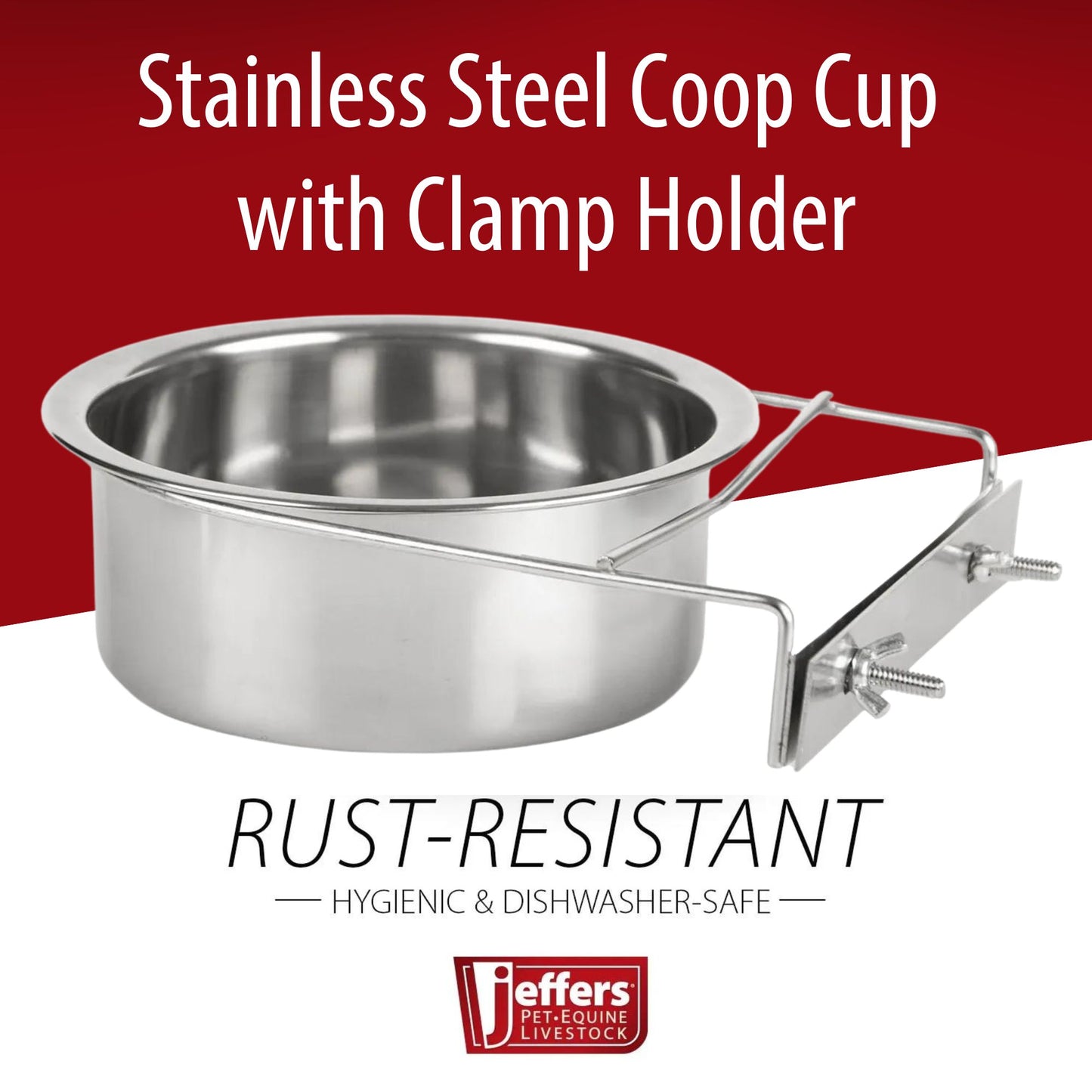 Jeffers 5oz Stainless Steel Coop Cup with Clamp Holder 77610C – Heavy Duty Hanging Food & Water Bowl for Pets, Dogs, Cats, Birds, & Small Animals – Easy Clean, Perfect for Cages