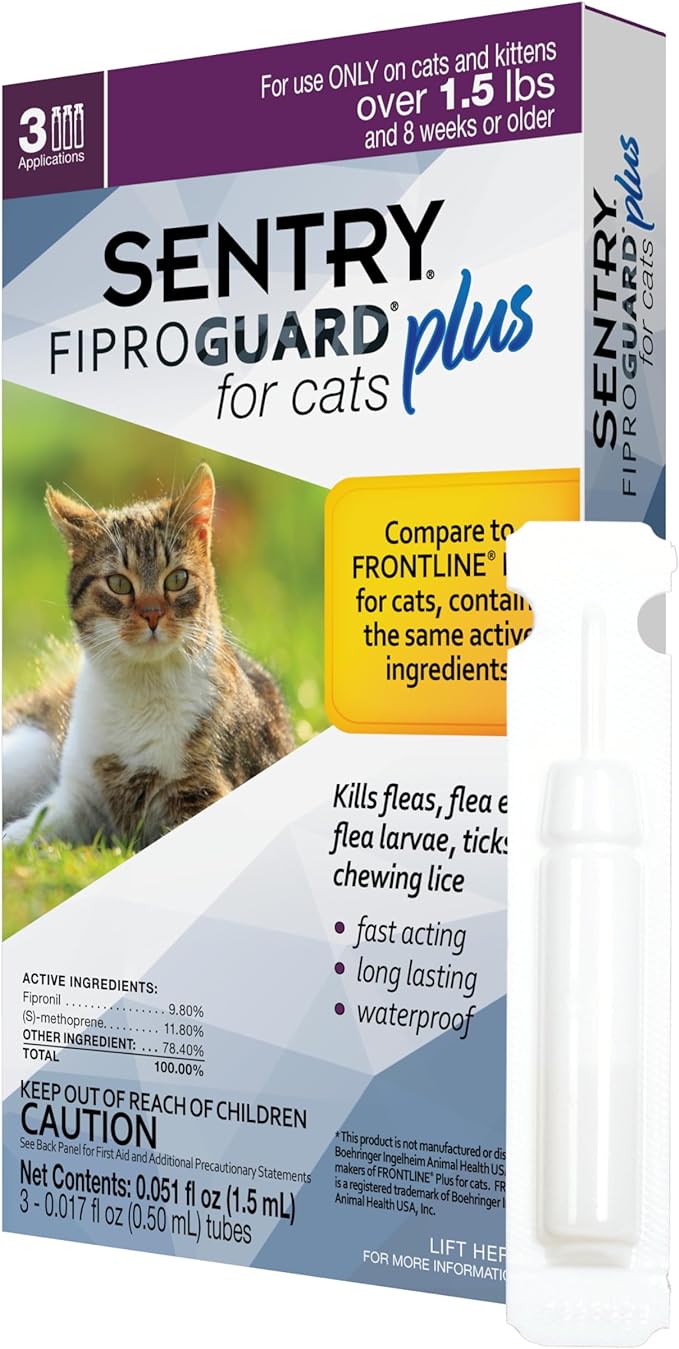 SENTRY Fiproguard Plus for Cats, Flea and Tick Prevention for Cats (1.5 Pounds and Over), Includes 3 Month Supply of Topical Flea Treatments