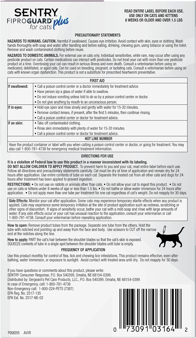 SENTRY Fiproguard Plus for Cats, Flea and Tick Prevention for Cats (1.5 Pounds and Over), Includes 3 Month Supply of Topical Flea Treatments