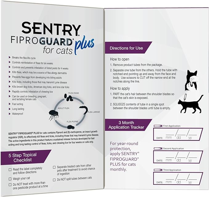 SENTRY Fiproguard Plus for Cats, Flea and Tick Prevention for Cats (1.5 Pounds and Over), Includes 3 Month Supply of Topical Flea Treatments