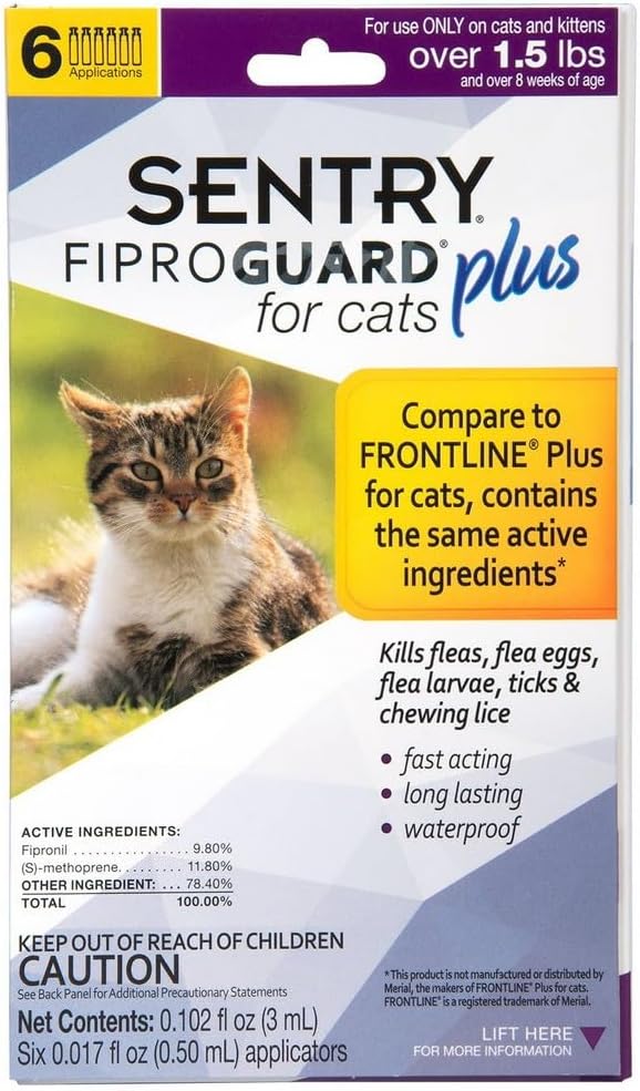 SENTRY Fiproguard Plus Flea and Tick Topical for Cats, 1.5 lbs and Over, 6 Month Supply