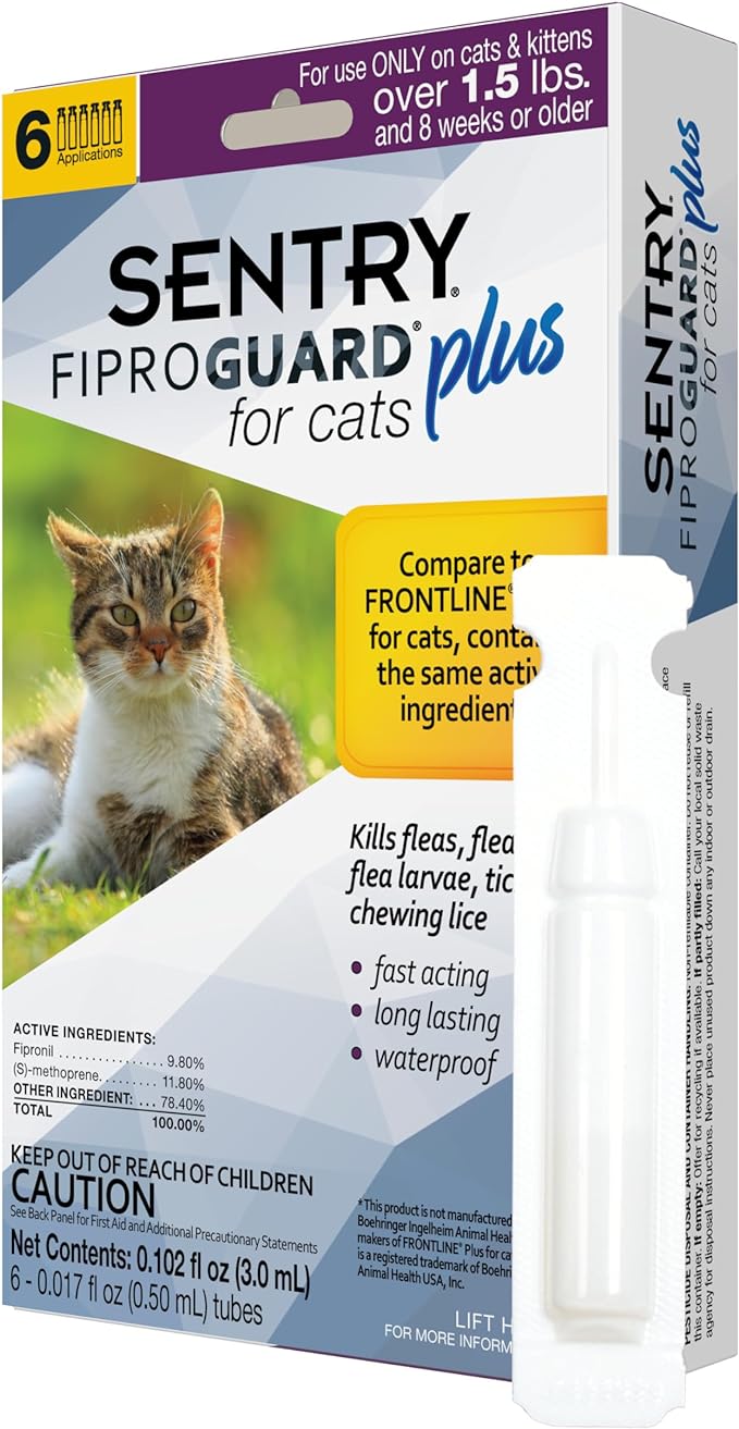 SENTRY Fiproguard Plus Flea and Tick Topical for Cats, 1.5 lbs and Over, 6 Month Supply