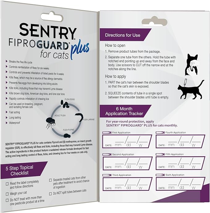 SENTRY Fiproguard Plus Flea and Tick Topical for Cats, 1.5 lbs and Over, 6 Month Supply