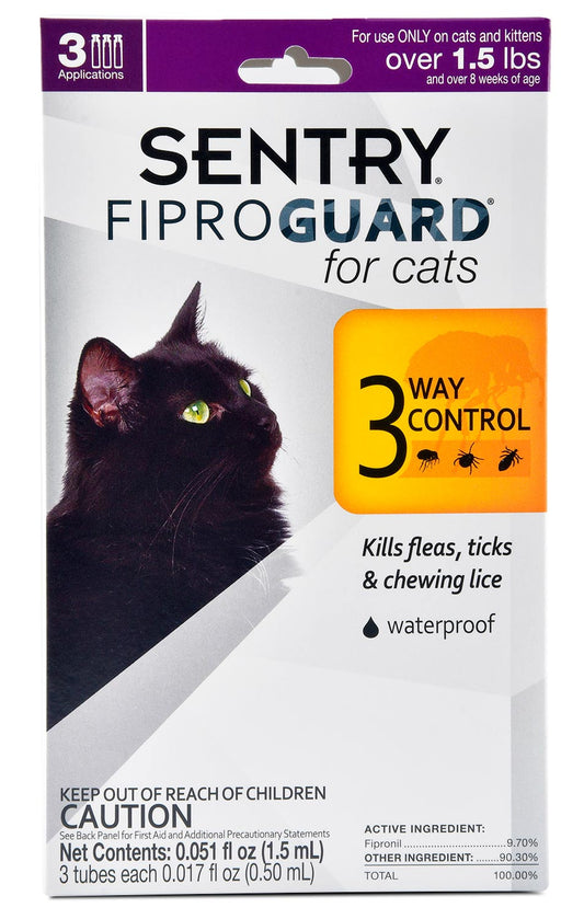 SENTRY Fiproguard for Cats, Flea and Tick Prevention for Cats (1.5 Pounds and Over), Includes 3 Month Supply of Topical Flea Treatments