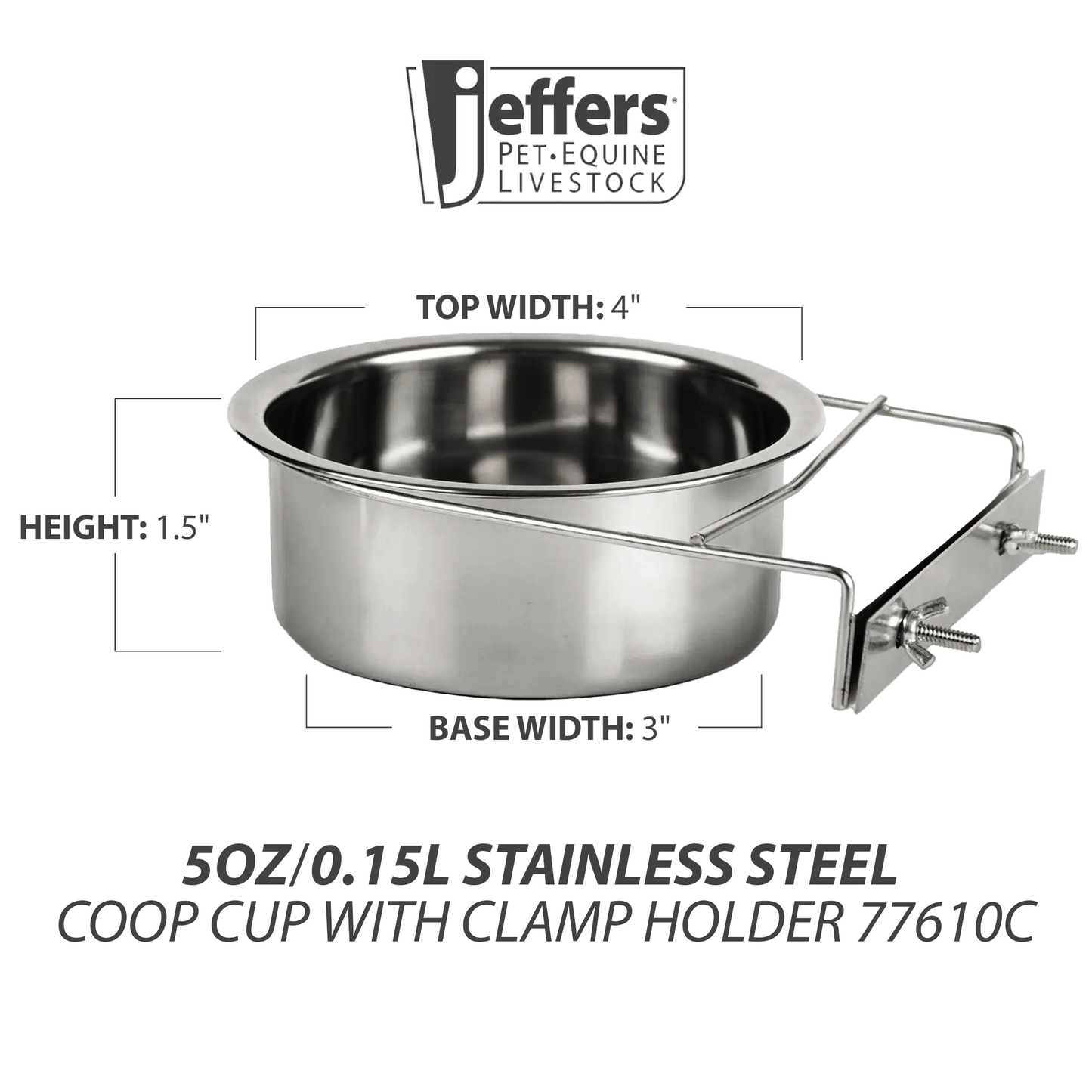 Jeffers 5oz Stainless Steel Coop Cup with Clamp Holder 77610C – Heavy Duty Hanging Food & Water Bowl for Pets, Dogs, Cats, Birds, & Small Animals – Easy Clean, Perfect for Cages